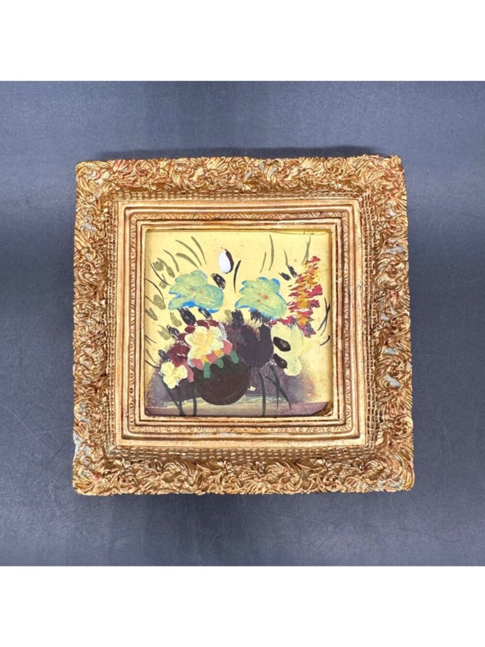 Vintage Miniature Floral Painting Ornate Gold Frame Wall Hanging Blue Flowers - Picture 2 of 10